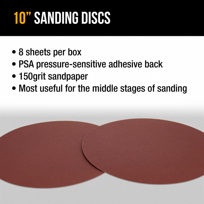 Dura-Gold Premium 10" PSA Sanding Discs - 150 Grit (Box of 8) - Sandpaper Discs with Self Adhesive, Fast Cutting Aluminum Oxide, Drywall, Floor, Wood