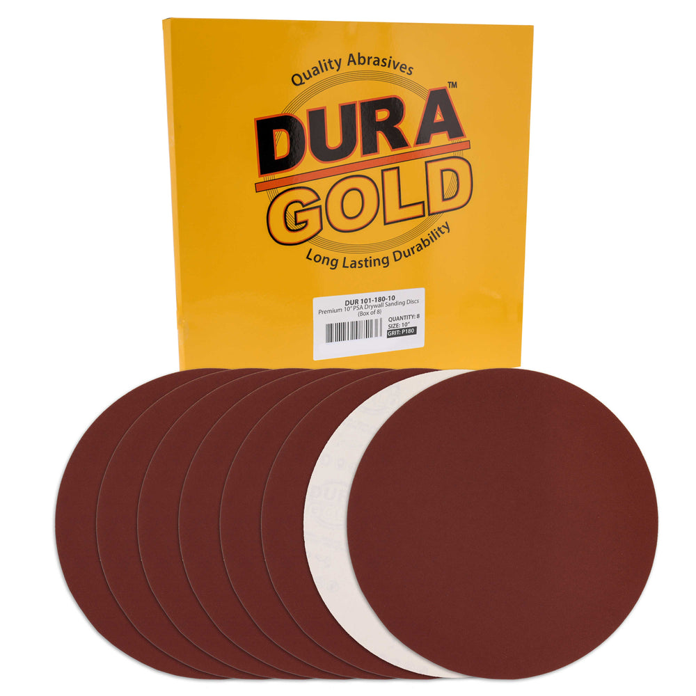 Dura-Gold Premium 10" PSA Sanding Discs - 180 Grit (Box of 8) - Sandpaper Discs with Self Adhesive, Fast Cutting Aluminum Oxide, Drywall, Floor, Wood