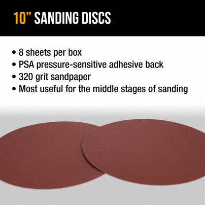 Premium 10" PSA Sanding Discs - 320 Grit (Box of 8) - Sandpaper Discs with Self Adhesive, Fast Cutting Aluminum Oxide, Drywall, Floor, Wood