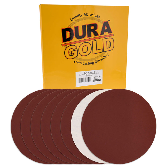 Dura-Gold Premium 10" PSA Sanding Discs - 320 Grit (Box of 8) - Sandpaper Discs with Self Adhesive, Fast Cutting Aluminum Oxide, Drywall, Floor, Wood
