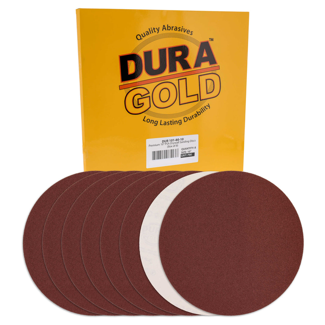 Premium 10" PSA Sanding Discs - 80 Grit (Box of 8) - Sandpaper Discs with Self Adhesive, Fast Cutting Aluminum Oxide, Drywall, Floor, Wood