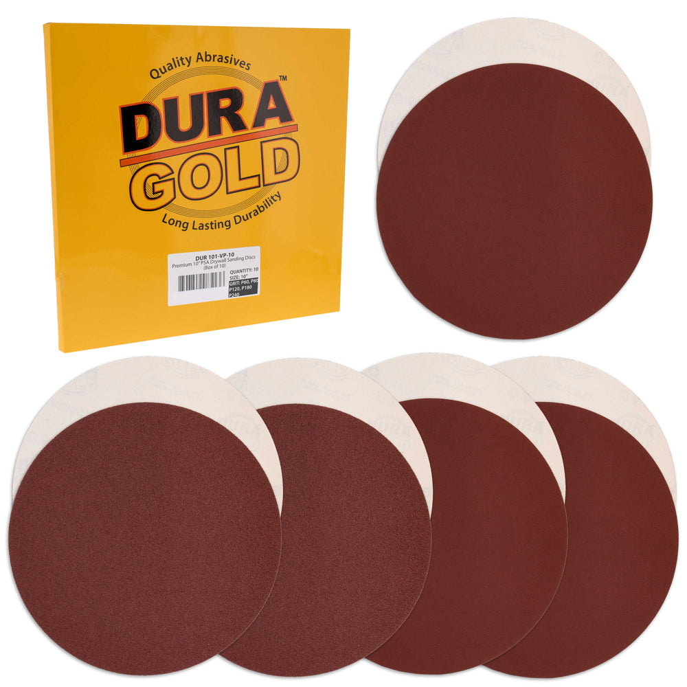 Dura-Gold Premium 10" PSA Sanding Disc Variety Pack, 2 Each of 60, 80, 120, 180 & 240 Grit Self Adhesive Aluminum Oxide Sandpaper Drywall, Floor, Wood