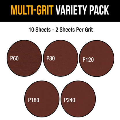 Premium 10" PSA Sanding Disc Variety Pack, 2 Each of 60, 80, 120, 180 & 240 Grit Self Adhesive Aluminum Oxide Sandpaper Drywall, Floor, Wood