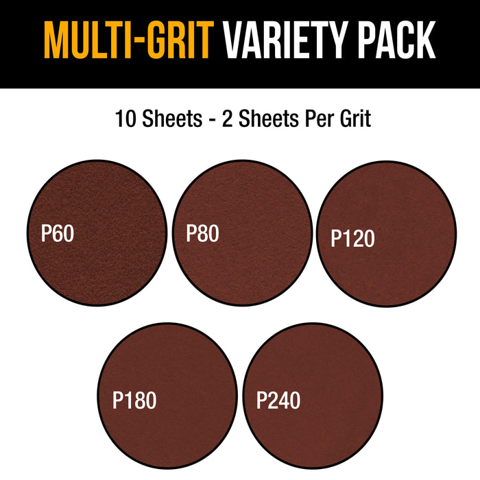 Dura-Gold Premium 10" PSA Sanding Disc Variety Pack, 2 Each of 60, 80, 120, 180 & 240 Grit Self Adhesive Aluminum Oxide Sandpaper Drywall, Floor, Wood