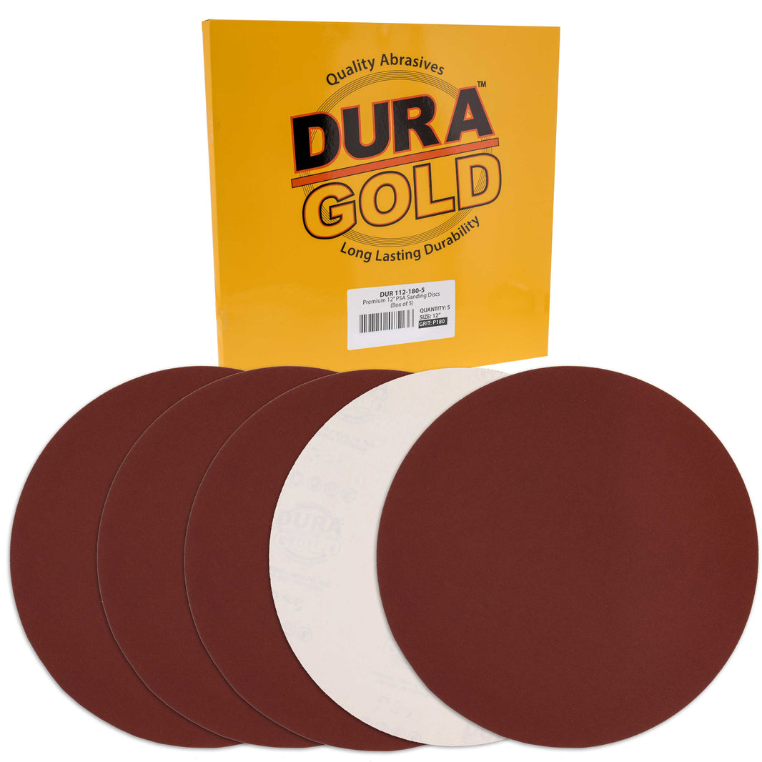 Premium 12" PSA Sanding Discs - 180 Grit (Box of 5) - Sandpaper Discs with Self Adhesive, Fast Cutting Aluminum Oxide, Drywall, Floor, Wood