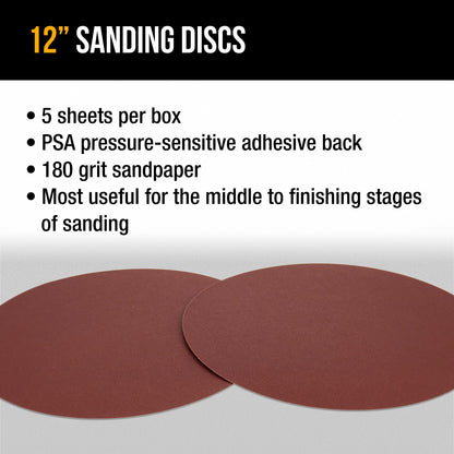 Premium 12" PSA Sanding Discs - 180 Grit (Box of 5) - Sandpaper Discs with Self Adhesive, Fast Cutting Aluminum Oxide, Drywall, Floor, Wood