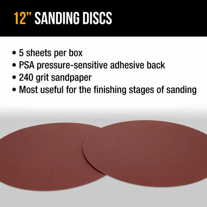 Premium 12" PSA Sanding Discs - 240 Grit (Box of 5) - Sandpaper Discs with Self Adhesive, Fast Cutting Aluminum Oxide, Drywall, Floor, Wood