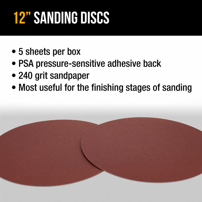 Dura-Gold Premium 12" PSA Sanding Discs - 240 Grit (Box of 5) - Sandpaper Discs with Self Adhesive, Fast Cutting Aluminum Oxide, Drywall, Floor, Wood