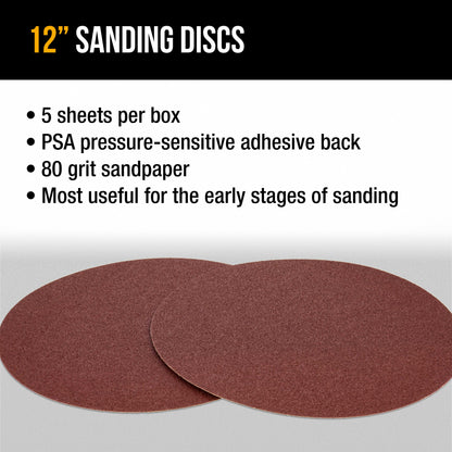 Premium 12" PSA Sanding Discs - 80 Grit (Box of 5) - Sandpaper Discs with Self Adhesive, Fast Cutting Aluminum Oxide, Drywall, Floor, Wood