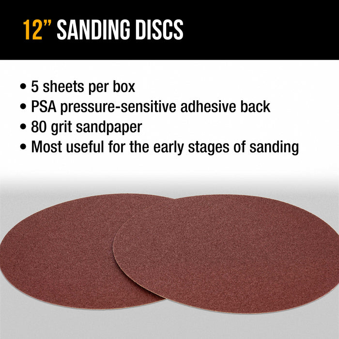 Dura-Gold Premium 12" PSA Sanding Discs - 80 Grit (Box of 5) - Sandpaper Discs with Self Adhesive, Fast Cutting Aluminum Oxide, Drywall, Floor, Wood