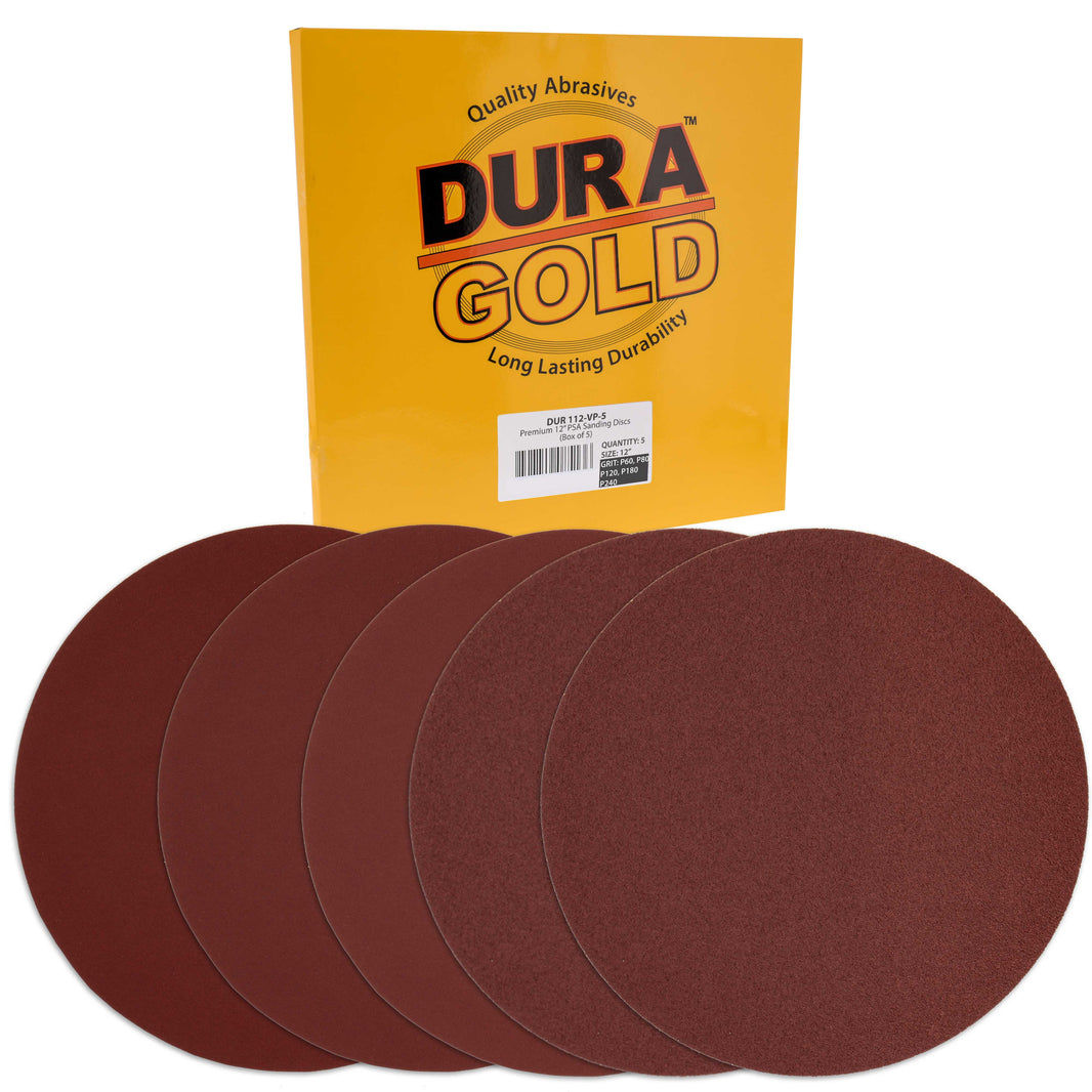 Premium 12" PSA Sanding Disc Variety Pack, 1 Each of 60, 80, 120, 180 & 240 Grit Self Adhesive Aluminum Oxide Sandpaper Drywall, Floor, Wood