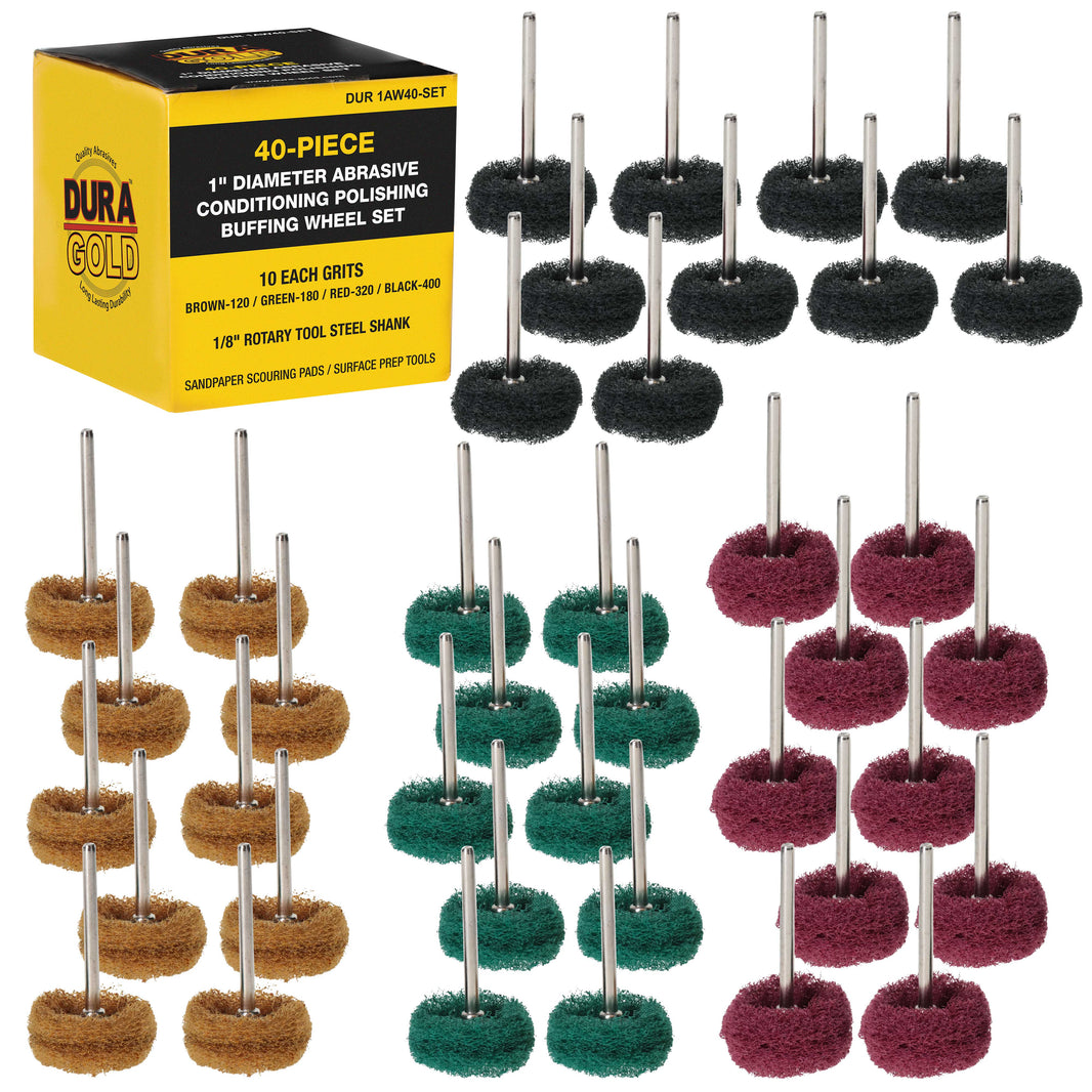 40-Piece 1" Abrasive Conditioning Polishing Buffing Wheel Set - 10 Each Grits 120, 180, 320, 400 with 1/8" Rotary Tool Shank - Remove Rust