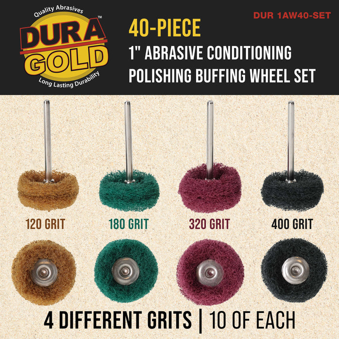 Dura-Gold 40-Piece 1" Abrasive Conditioning Polishing Buffing Wheel Set - 10 Each Grits 120, 180, 320, 400 with 1/8" Rotary Tool Shank - Remove Rust