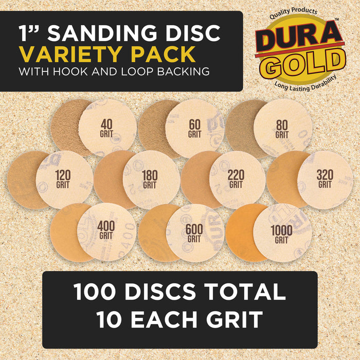 Premium - Variety Pack (40,60,80,120,180,220,320,400,600,1000) - 1" Gold Hook & Loop Sanding Discs for DA Sanders - Box of 100 Sandpaper Finishing Discs for Automotive and Woodworking