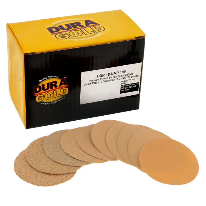 Premium - Variety Pack (40,60,80,120,180,220,320,400,600,1000) - 1" Gold Hook & Loop Sanding Discs for DA Sanders - Box of 100 Sandpaper Finishing Discs for Automotive and Woodworking