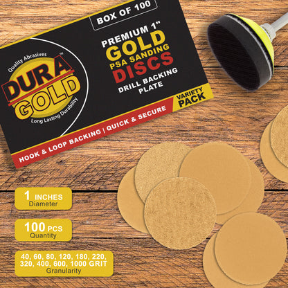 Premium - Variety Pack (40,60,80,120,180,220,320,400,600,1000) - 1" Gold Hook & Loop Sanding Discs for DA Sanders - Box of 100 Sandpaper Finishing Discs for Automotive and Woodworking