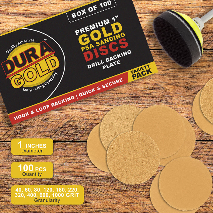 Premium - Variety Pack (40,60,80,120,180,220,320,400,600,1000) - 1" Gold Hook & Loop Sanding Discs for DA Sanders - Box of 100 Sandpaper Finishing Discs for Automotive and Woodworking