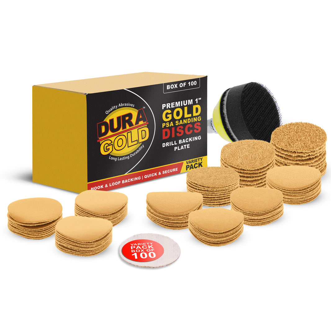 Premium - Variety Pack (40,60,80,120,180,220,320,400,600,1000) - 1" Gold Hook & Loop Sanding Discs for DA Sanders - Box of 100 Sandpaper Finishing Discs for Automotive and Woodworking