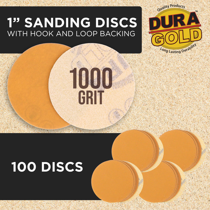 Premium - 1000 Grit 1" Gold Hook & Loop Sanding Discs for DA Sanders - Box of 100 Sandpaper Finishing Discs for Automotive and Woodworking