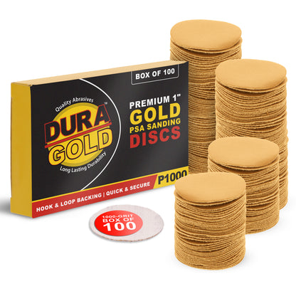 Premium - 1000 Grit 1" Gold Hook & Loop Sanding Discs for DA Sanders - Box of 100 Sandpaper Finishing Discs for Automotive and Woodworking