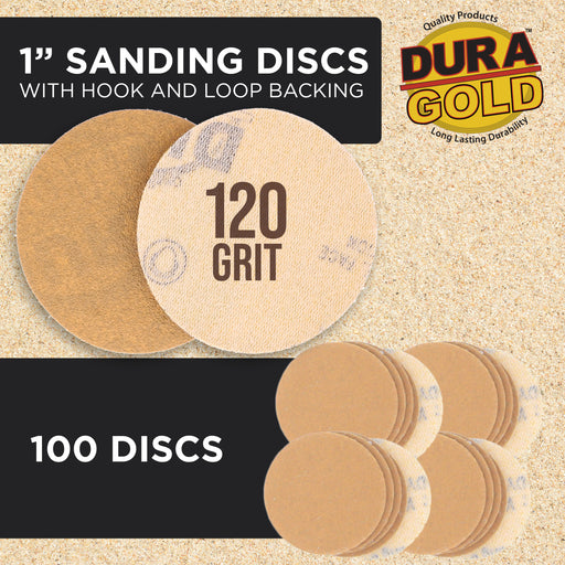 Premium - 120 Grit 1" Gold Hook & Loop Sanding Discs for DA Sanders - Box of 100 Sandpaper Finishing Discs for Automotive and Woodworking