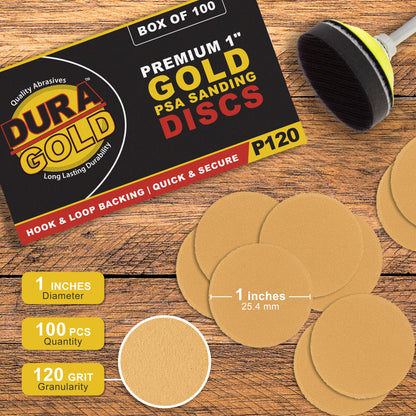 Premium - 120 Grit 1" Gold Hook & Loop Sanding Discs for DA Sanders - Box of 100 Sandpaper Finishing Discs for Automotive and Woodworking