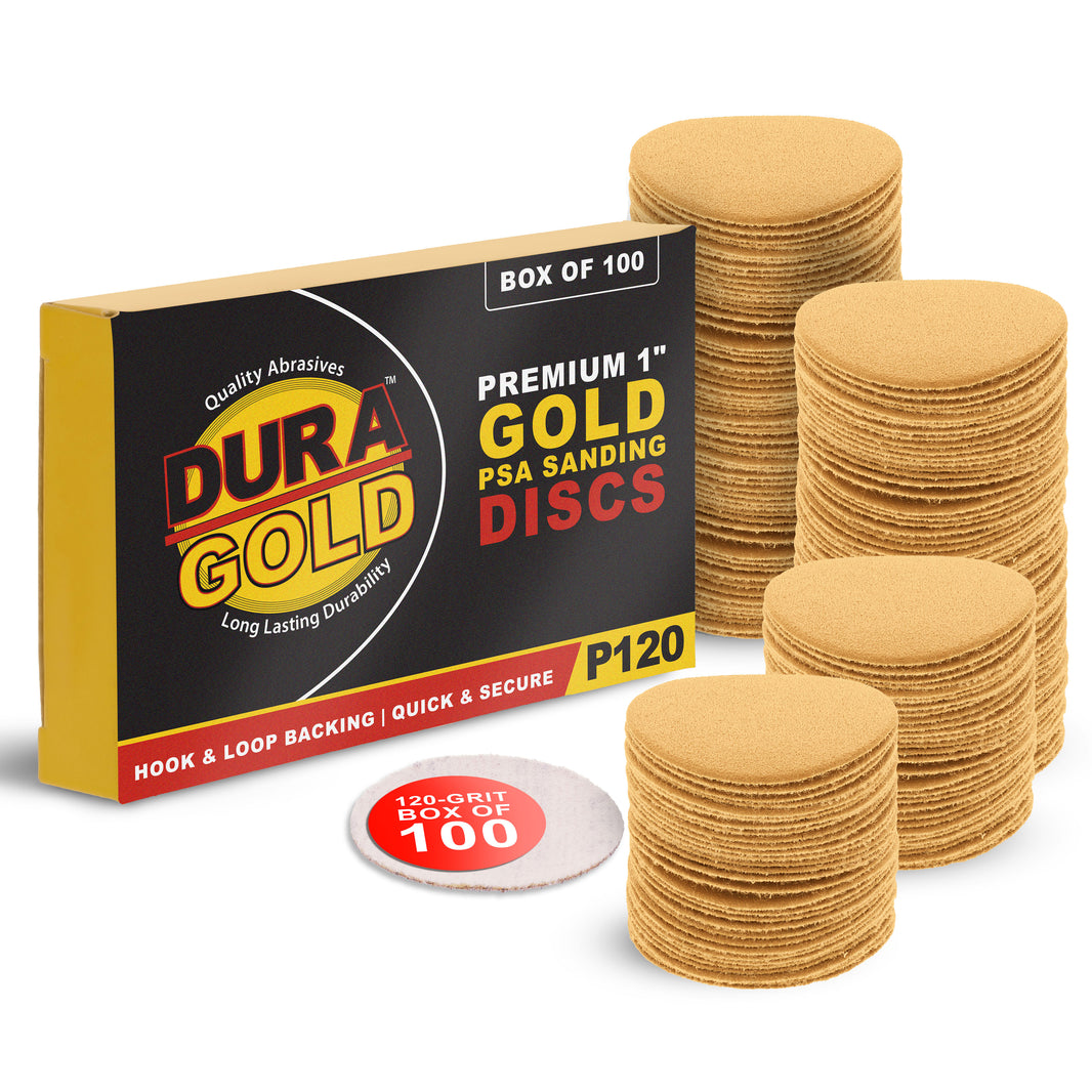Premium - 120 Grit 1" Gold Hook & Loop Sanding Discs for DA Sanders - Box of 100 Sandpaper Finishing Discs for Automotive and Woodworking
