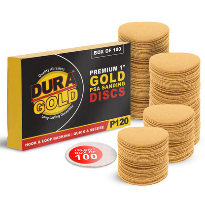 Premium - 120 Grit 1" Gold Hook & Loop Sanding Discs for DA Sanders - Box of 100 Sandpaper Finishing Discs for Automotive and Woodworking