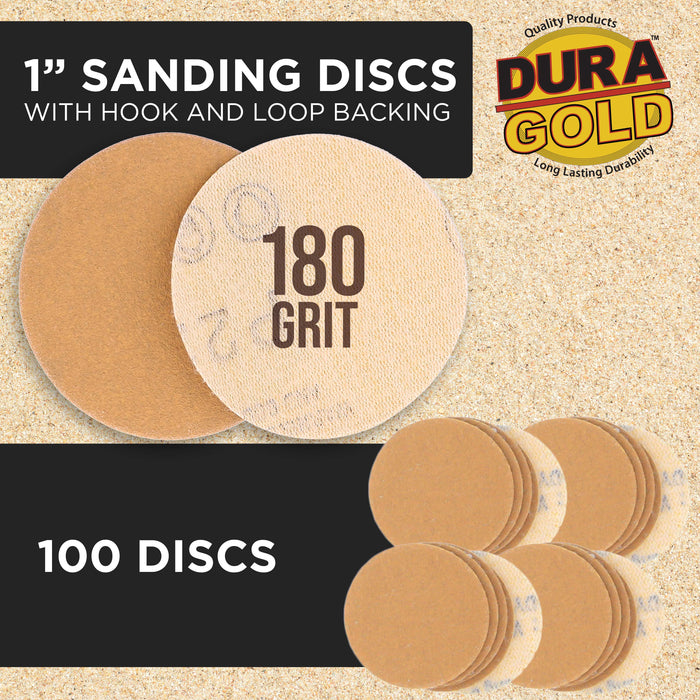 Premium - 180 Grit 1" Gold Hook & Loop Sanding Discs for DA Sanders - Box of 100 Sandpaper Finishing Discs for Automotive and Woodworking