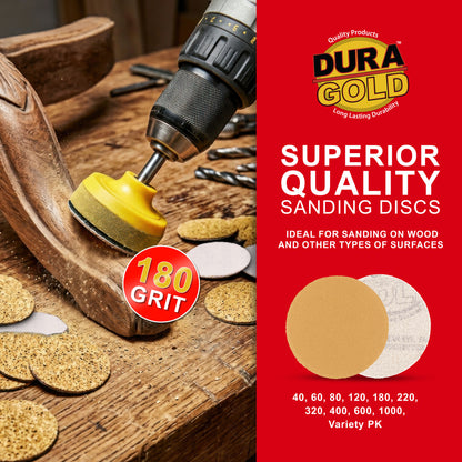 Premium - 180 Grit 1" Gold Hook & Loop Sanding Discs for DA Sanders - Box of 100 Sandpaper Finishing Discs for Automotive and Woodworking