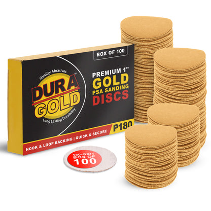 Premium - 180 Grit 1" Gold Hook & Loop Sanding Discs for DA Sanders - Box of 100 Sandpaper Finishing Discs for Automotive and Woodworking