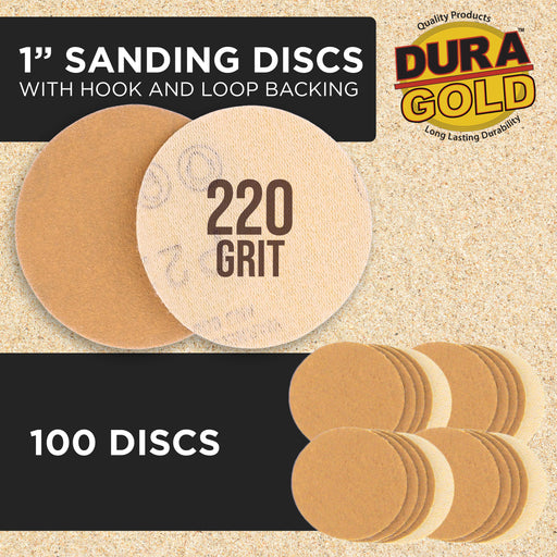 Premium - 220 Grit 1" Gold Hook & Loop Sanding Discs for DA Sanders - Box of 100 Sandpaper Finishing Discs for Automotive and Woodworking