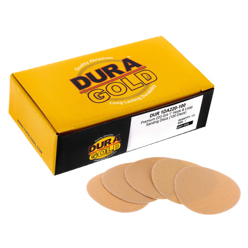Premium - 220 Grit 1" Gold Hook & Loop Sanding Discs for DA Sanders - Box of 100 Sandpaper Finishing Discs for Automotive and Woodworking