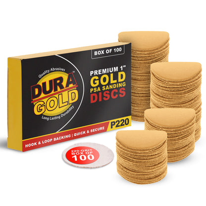 Premium - 220 Grit 1" Gold Hook & Loop Sanding Discs for DA Sanders - Box of 100 Sandpaper Finishing Discs for Automotive and Woodworking