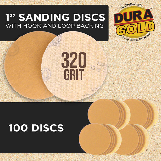 Premium - 320 Grit 1" Gold Hook & Loop Sanding Discs for DA Sanders - Box of 100 Sandpaper Finishing Discs for Automotive and Woodworking