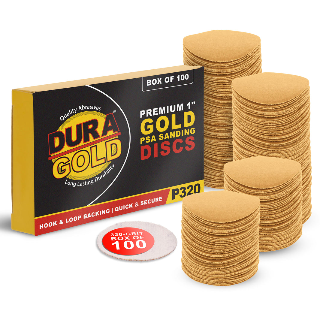 Premium - 320 Grit 1" Gold Hook & Loop Sanding Discs for DA Sanders - Box of 100 Sandpaper Finishing Discs for Automotive and Woodworking