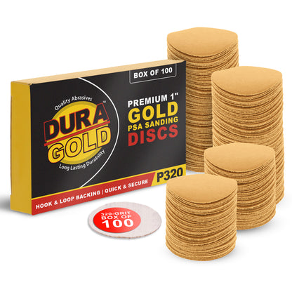 Premium - 320 Grit 1" Gold Hook & Loop Sanding Discs for DA Sanders - Box of 100 Sandpaper Finishing Discs for Automotive and Woodworking