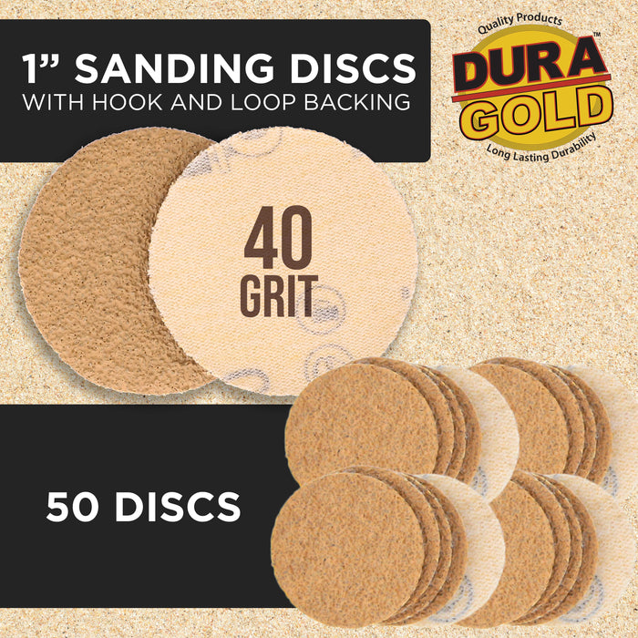 Premium - 40 Grit 1" Gold Hook & Loop Sanding Discs for DA Sanders - Box of 50 Sandpaper Finishing Discs for Automotive and Woodworking