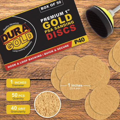 Premium - 40 Grit 1" Gold Hook & Loop Sanding Discs for DA Sanders - Box of 50 Sandpaper Finishing Discs for Automotive and Woodworking