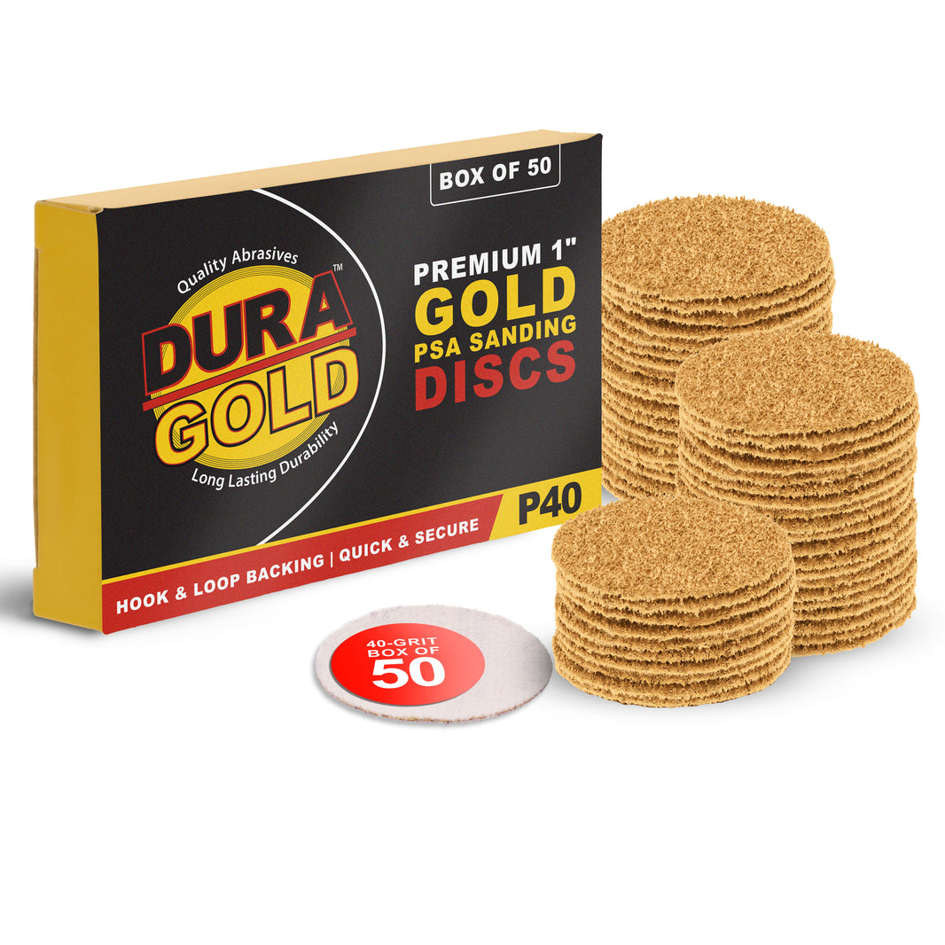 Premium - 40 Grit 1" Gold Hook & Loop Sanding Discs for DA Sanders - Box of 50 Sandpaper Finishing Discs for Automotive and Woodworking
