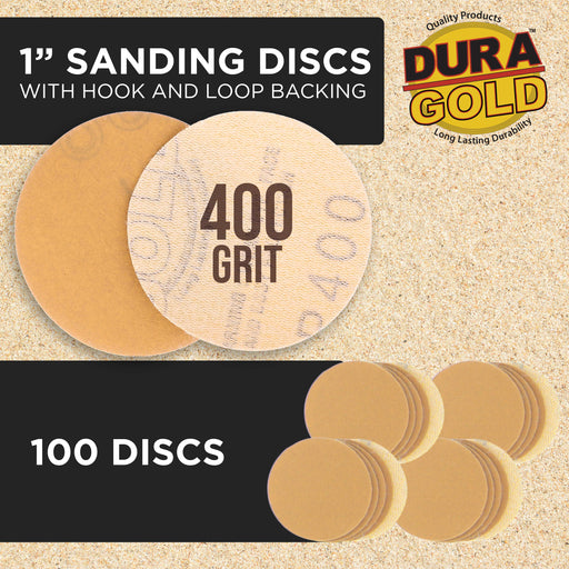 Premium - 400 Grit 1" Gold Hook & Loop Sanding Discs for DA Sanders - Box of 100 Sandpaper Finishing Discs for Automotive and Woodworking