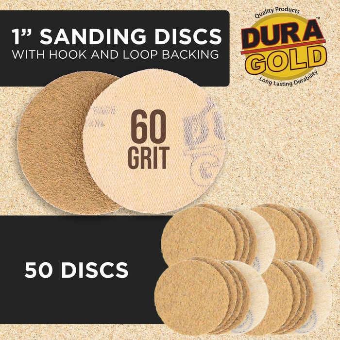 Premium - 60 Grit 1" Gold Hook & Loop Sanding Discs for DA Sanders - Box of 50 Sandpaper Finishing Discs for Automotive and Woodworking