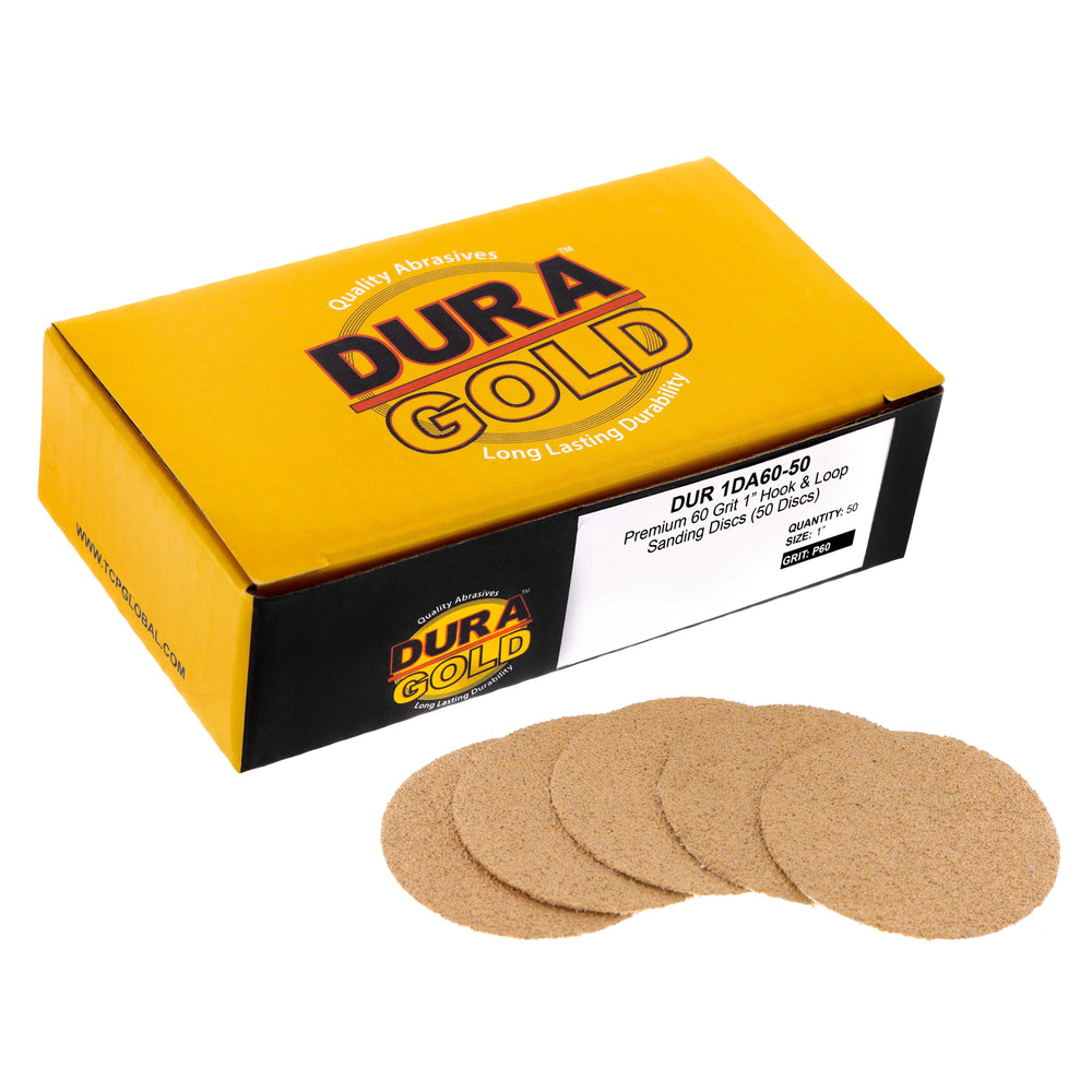Premium - 60 Grit 1" Gold Hook & Loop Sanding Discs for DA Sanders - Box of 50 Sandpaper Finishing Discs for Automotive and Woodworking