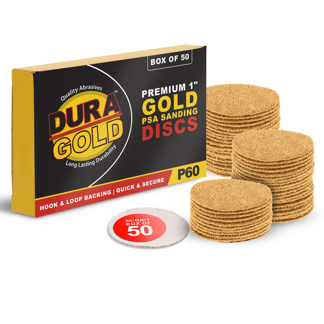 Premium - 60 Grit 1" Gold Hook & Loop Sanding Discs for DA Sanders - Box of 50 Sandpaper Finishing Discs for Automotive and Woodworking