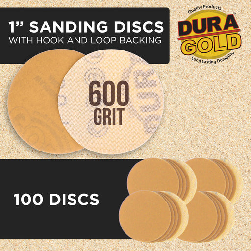 Premium - 600 Grit 1" Gold Hook & Loop Sanding Discs for DA Sanders - Box of 100 Sandpaper Finishing Discs for Automotive and Woodworking