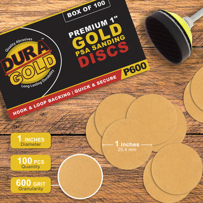 Premium - 600 Grit 1" Gold Hook & Loop Sanding Discs for DA Sanders - Box of 100 Sandpaper Finishing Discs for Automotive and Woodworking