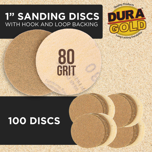 Premium - 80 Grit 1" Gold Hook & Loop Sanding Discs for DA Sanders - Box of 100 Sandpaper Finishing Discs for Automotive and Woodworking