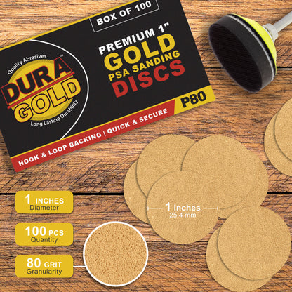 Premium - 80 Grit 1" Gold Hook & Loop Sanding Discs for DA Sanders - Box of 100 Sandpaper Finishing Discs for Automotive and Woodworking