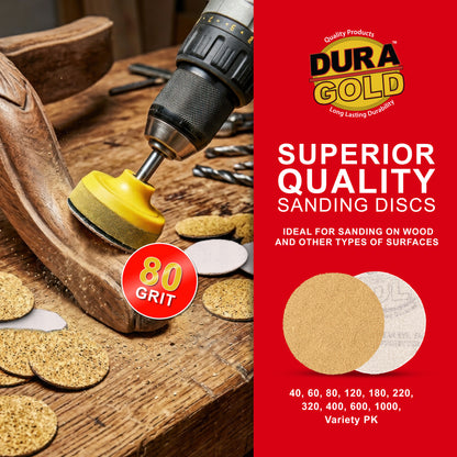 Premium - 80 Grit 1" Gold Hook & Loop Sanding Discs for DA Sanders - Box of 100 Sandpaper Finishing Discs for Automotive and Woodworking