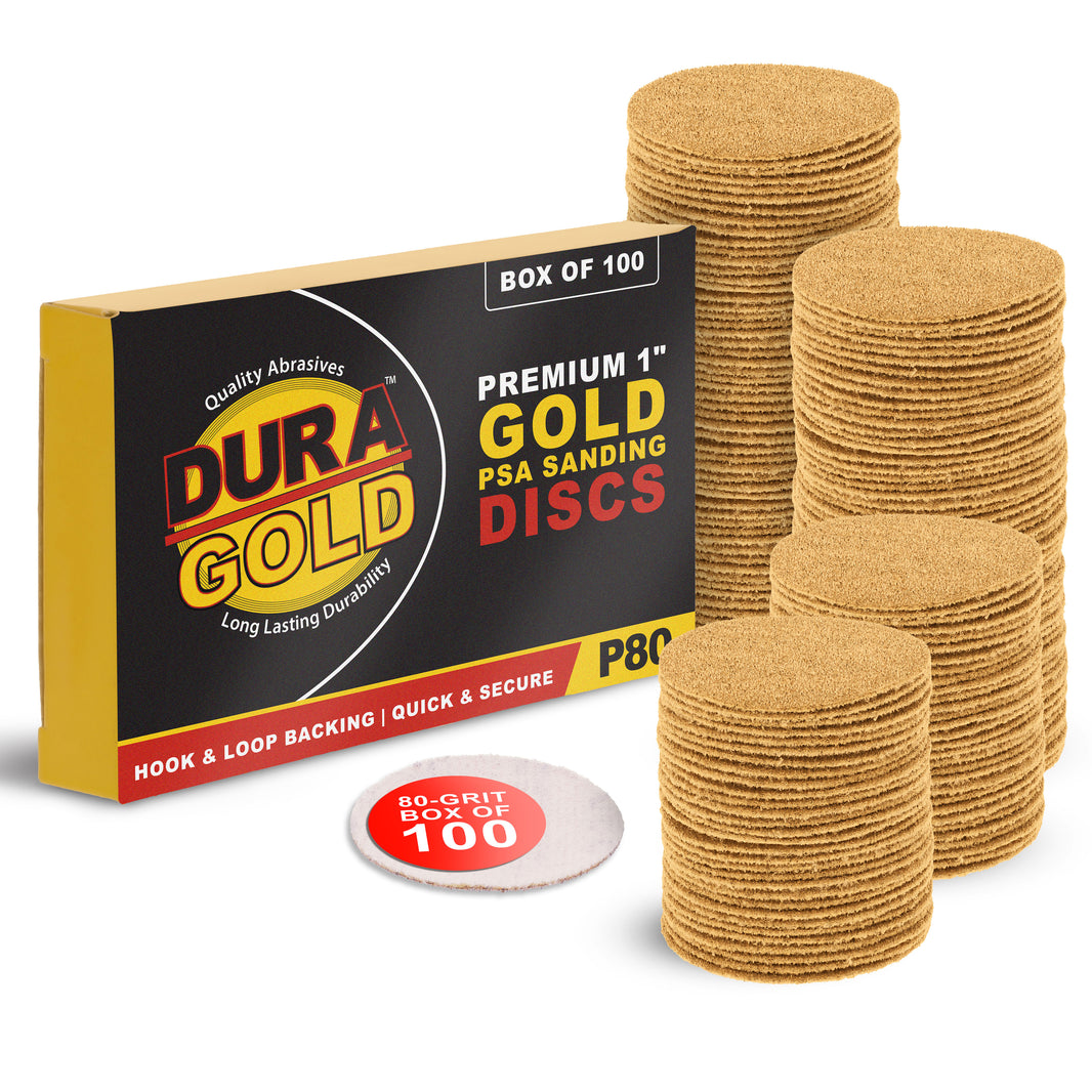 Premium - 80 Grit 1" Gold Hook & Loop Sanding Discs for DA Sanders - Box of 100 Sandpaper Finishing Discs for Automotive and Woodworking
